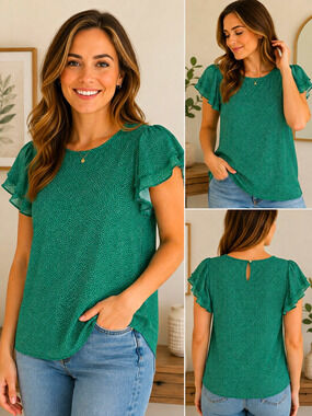Adrianna Papell Women’s Small Green White Dot Flutter Sleeve Blouse Stretch Top